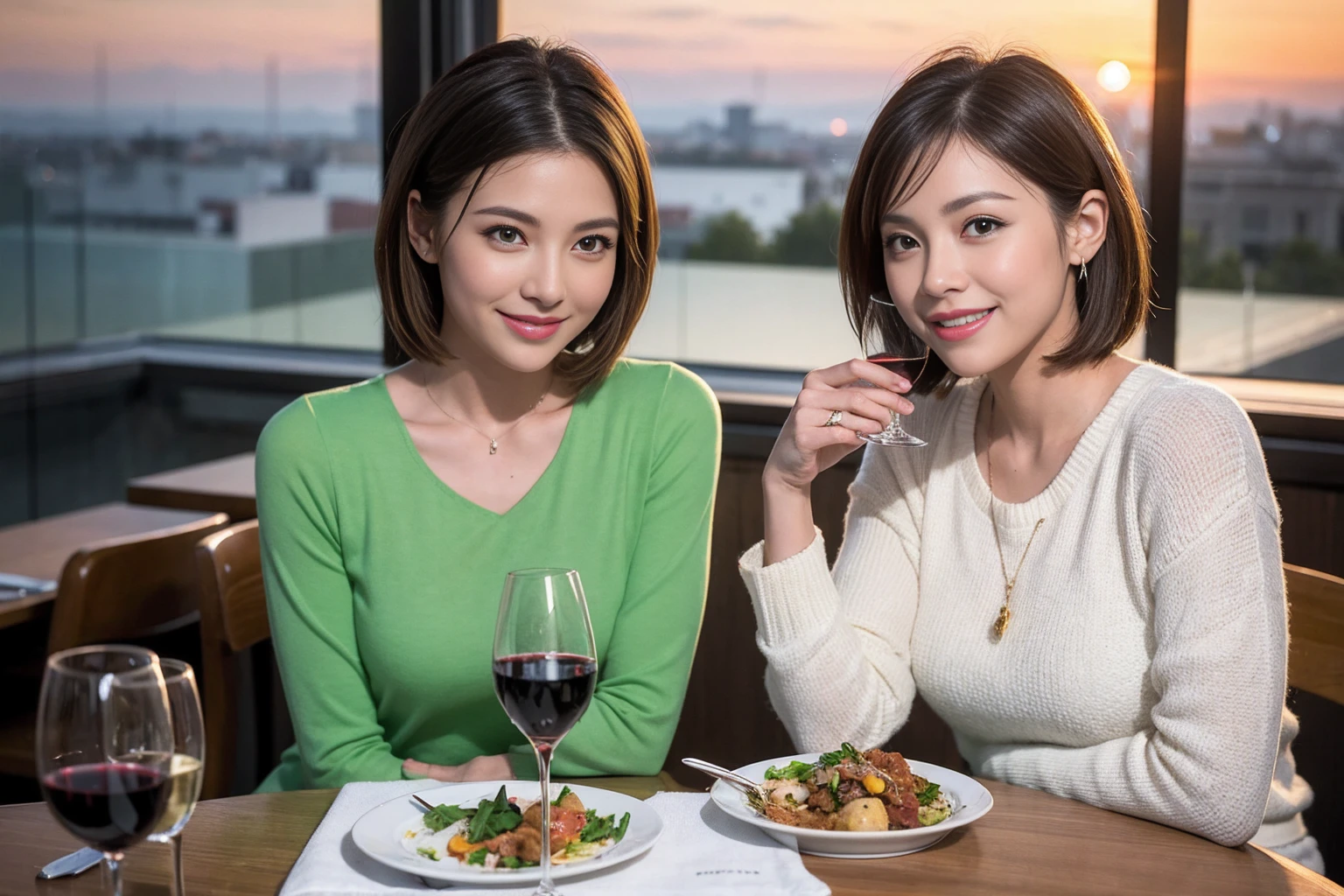(Realistic:1.1),(masterpiece,Highest quality),8k,(40 years old), 42 years old, slimカップル、Model Couple、Actress/Actor、Tight waist,Upper Body,full-course dinner、wine 、Amazing view of the sunset sky and clouds、Perfect Anatomy, Brown Hair, Short Hair,Random Hairstyles,((Highly detailed face and eyes:1.2))(cute顔:1.4),Beautiful actress face,Perfect golden ratio face,Long sleeve shirt、dress,(smile:1.2)、Shortcuts、cute、(Realistic, Intricate details:1.2), A bright smile、short hair,Bright Face、赤wine 、Appetizers、Italian food、wine bottle、Champagne、スパークリングwine、(slimな顔), (The body is slim), (Brown Hair), (Shortcuts), Upper Body, 白wine, slim, wineグラス,