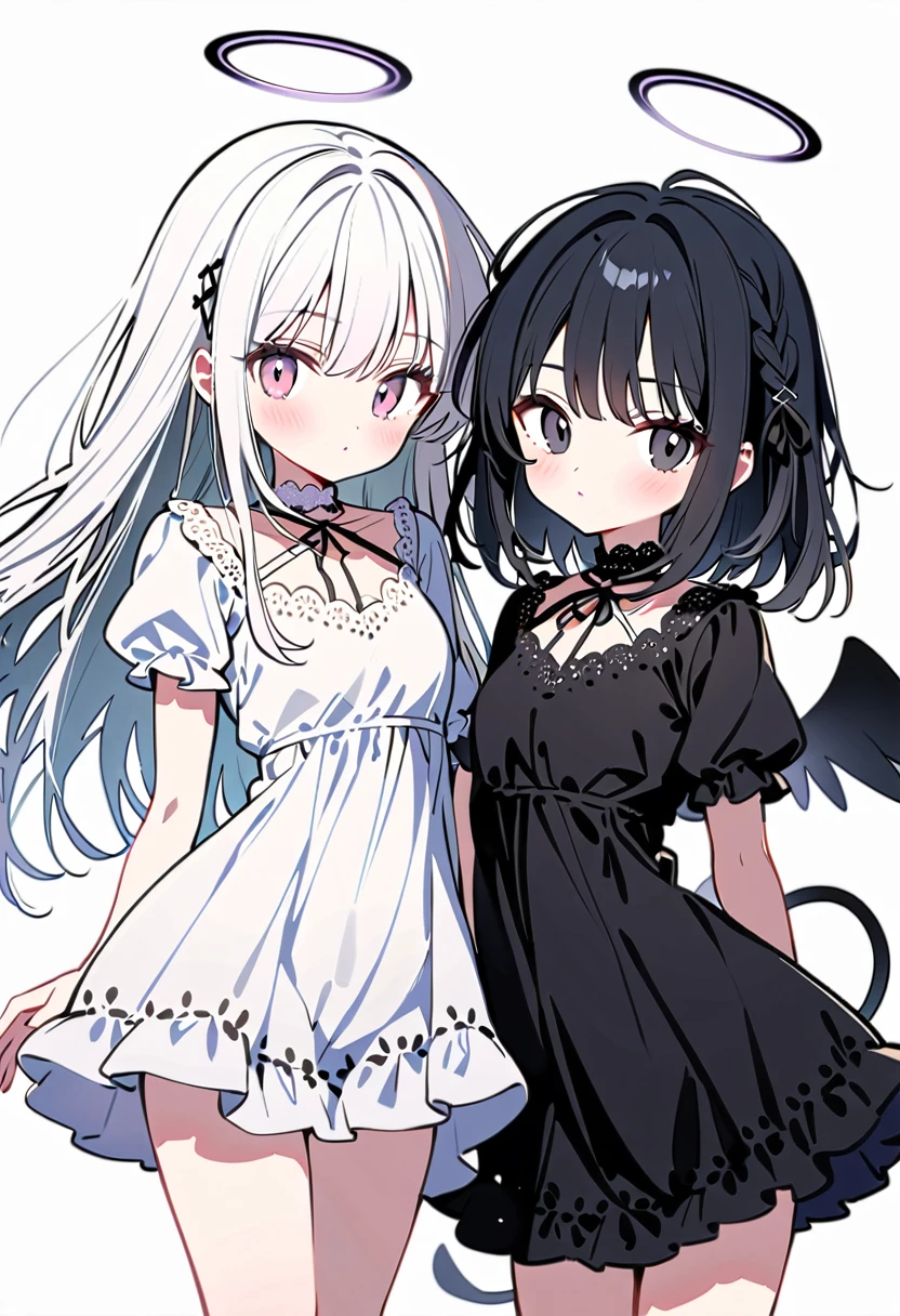 2girls,white hair, pastel BLACK hair, half twin,half twin tail, BLACK eyes, BLACK ribbon, pastel BLACK angel rings, white and BLACK one-piece,white andpastel BLACK angel wings cute white background 