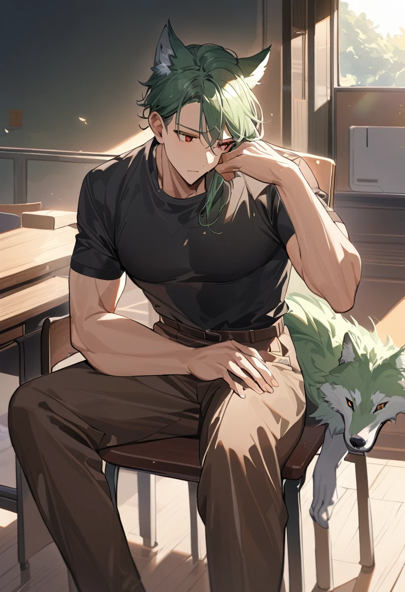 One Chico, Wolf, Green fur,Red eyes,A relatively strong body,Black shirt,Brown pants,sit on the chair,School Teacher,Sunlight,boring,Left hand with strap,Right hand on the head,Exquisite,masterpiece,There is a white spot on the ear