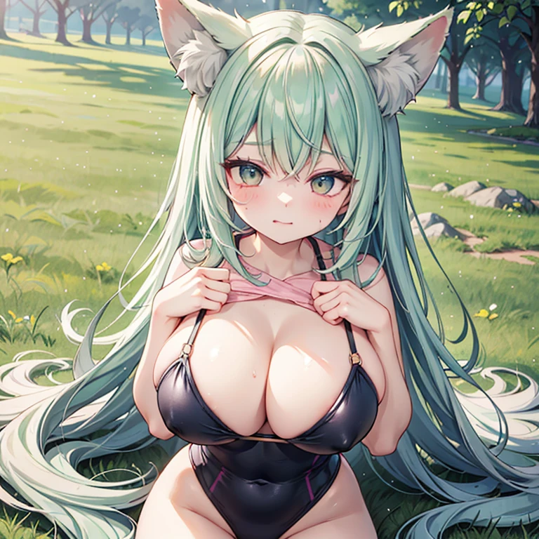 (Fox Girl, Fox Ears, Light green hair, Fox Makeup, One Woman, Long Hair:1.6), (Pink Leotard, I can see her cleavage, Skin is visible:1.8), (Body measurements: 88-55-77!, Nice body, Big Breasts, Big breasts, Emphasize the chest, Flexion and extension exercises:1.9), Avatar, face, lewd face, Dominant representation, naughty face, Uplifting, Skin Texture, outside, Grassy field