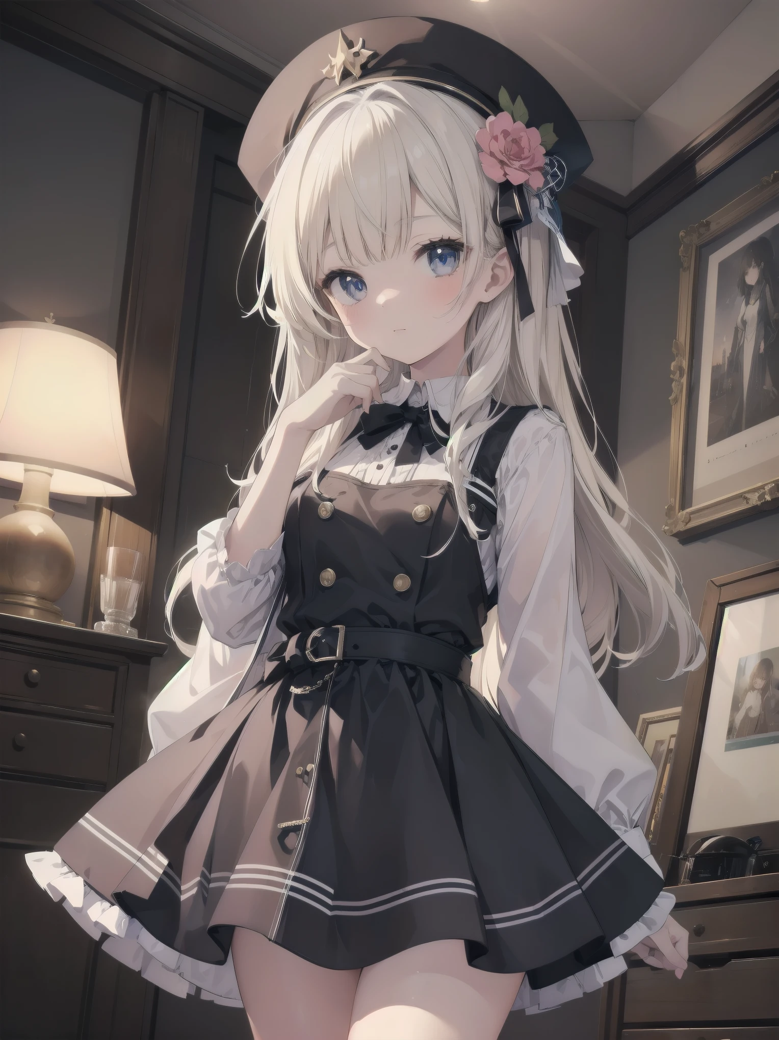 (masutepiece, Best Quality:1.2), 8K, 85 mm, Official art, Raw photo, absurderes, Platinum Blonde Hair, (Blue eyes, Lolita Fashion, sweetlolita, Gothic, Dress:1.2), Idol face, Upper body, Beautiful Girl, gardeniass, Copenhagen, Short sleeve, Elegance, Sophisticated, gardenia, Looking at Viewer, Film grain, chromatic abberation, Sharp Focus, face lights, Dynamic lighting, Cinematic lighting, embarassed expression, (((tucking up the skirt、White panties are visible)))、Beautiful and perfect legs, Clean and perfect hands