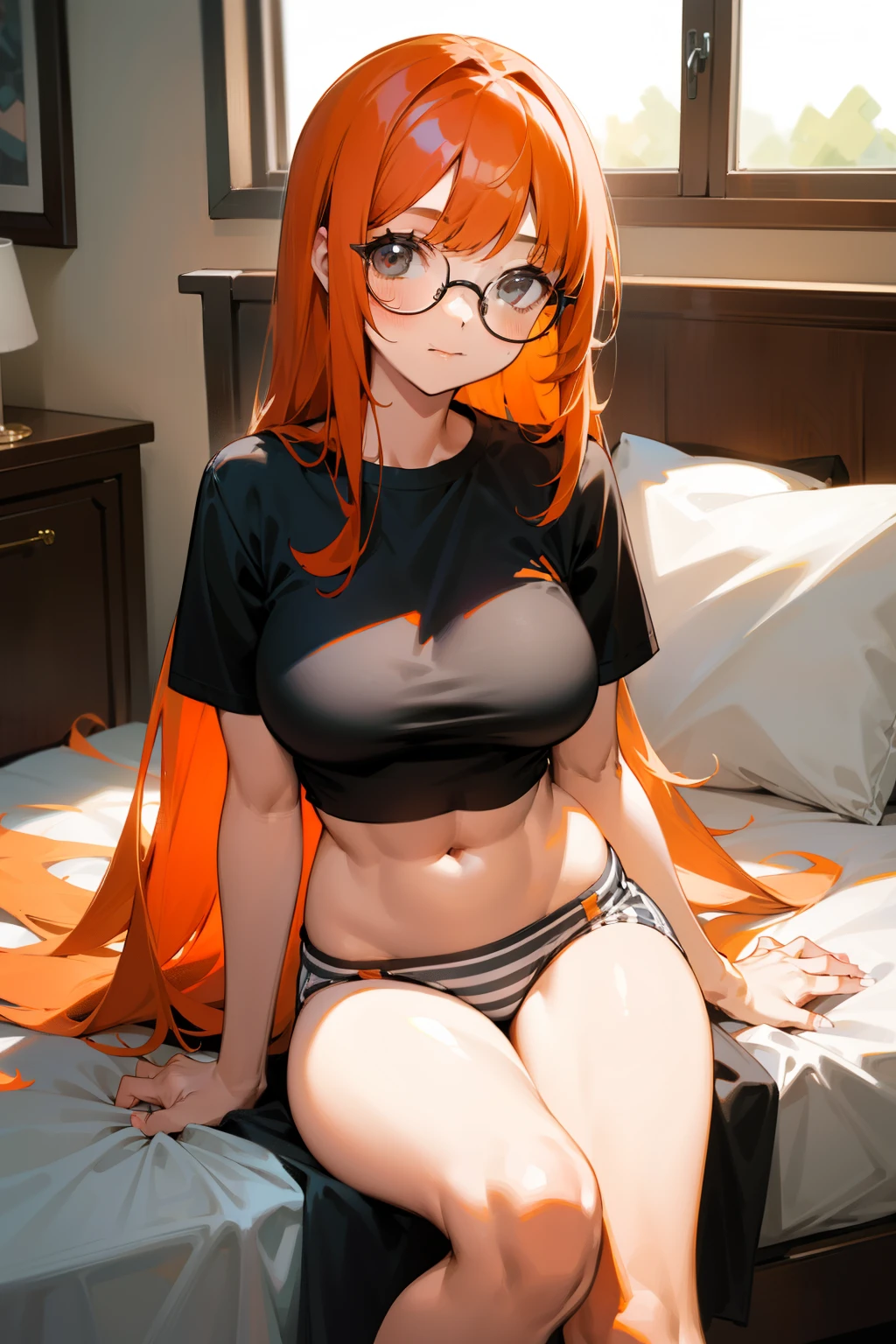 Cute girl, long orange hair, cropped bangs, round glasses, gray eyes, black T-shirt with white stripes, big breasts, exposed stomach, underpants, toy hand in hand, sitting in her room and playing