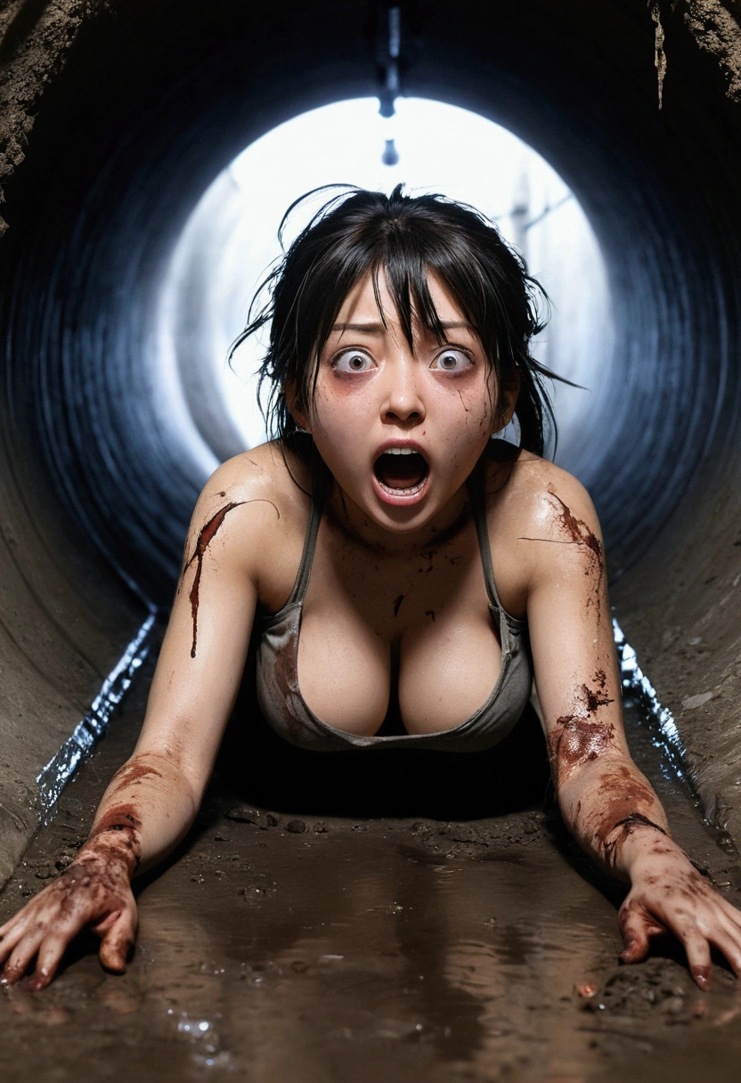 an anime 1girl crawling in a body-fit pipeline tunnel, dirty and torn clothes, head view, big busty, body on the ground, lying down the ground, terrifying expression, widen eyes, open mouth, shouting