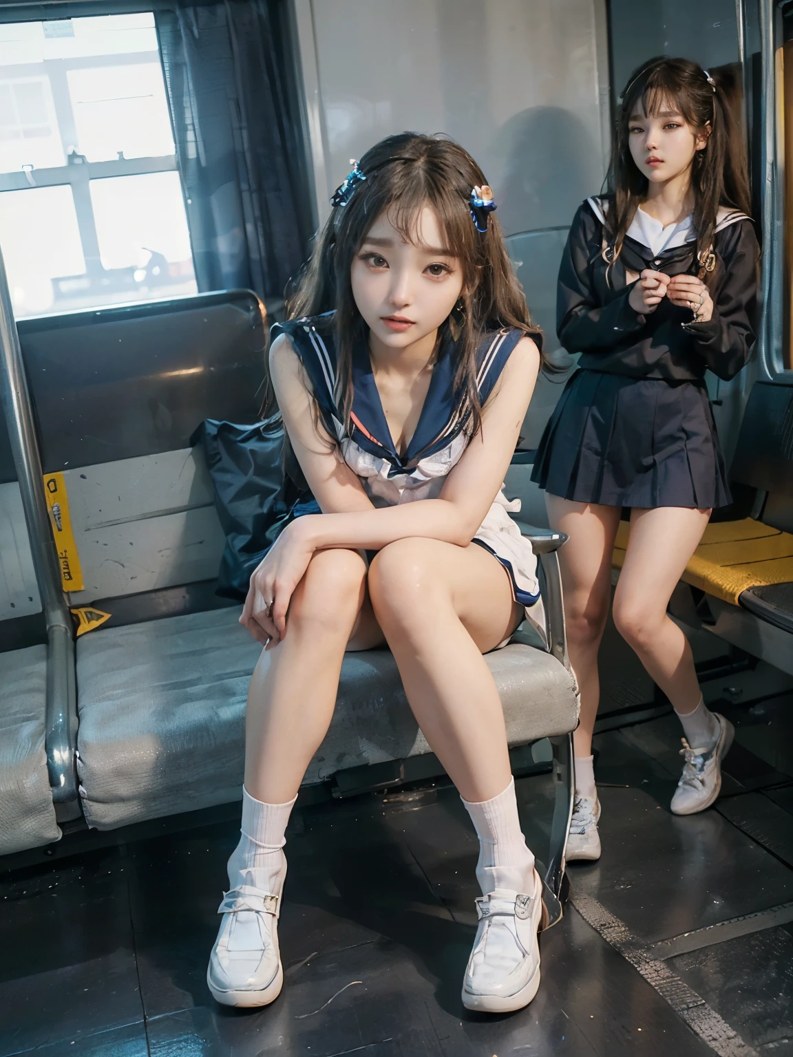 ((((Highest quality))))、(((Ultra-precision CG16K wallpaper)))、(((masterpiece)))、(((Very detailed)))、(((Attention to detail)))、(((((k-popのIVEのWONYOUNGにそっくりの女の子:1.9)))))、((Straight medium hair、Blunt bangs:1.5))、((16-year-old high school girl))、cute、((Slim figure:1.5))、((Thin legs:1.5))、((Thin hands:1.5))、((expensive:1.6))、((Thin thighs:1.5))、((Long legs:1.8))、((Long hands:1.3))、((Height 173cm:1.7))、((The ratio of inseam to height is more than half:1.7))、((Model body type:1.6))、(Shiny brown hair)、((Red tie 1.3))、beautiful delicate brown eyes、eyeliner、eye shadow、expensive鼻、Small nostrils、Small Mouth、Seductive lips、beautiful breasts、((C cup size breasts))、Cleavage、Voluptuous body、eight-headed body、Perfect Proportions、Perfect Anatomy、Perfect composition、beautiful detailed shading、beautiful, Natural light、beautiful detail glow、Written boundary depth、(((High chroma)))、(((Genuine:1.9)))、((Vivid:1.5))、((beautiful Skin))、((Skin Texture))、((Genuineな皮膚感))、(((Full Body Shot:1.6)))、((Front view、Front Low Angle:1.6))、(((Confused face:1.4)))、(Woman is facing the front:1.6)、Bright sunlight、Natural light、(((Sit with your legs spread on a train seat:1.8)))、(Sitting posture with legs spread apart:1.6)、(((High school girl in sailor suit:1.7)))、((Earrings、Wearing a hair band:1.3))、(((Short white socks that reach down to the ankles、loafers:1.6)))、(((Full Body Shot:1.7)))、cute、((Slim figure))、((Thin legs:1.3))、((Thin hands:1.3))、((expensive:1.7))、((Thin thighs:1.3))、((Long legs:1.8))、((Long hands:1.3))、((Height 173cm:1.7))、(((Anatomically correct:1.8)))、((k-popのIVEのWONYOUNGにそっくりの女の子:1.7))、((The ratio of inseam to height is more than half:1.7))