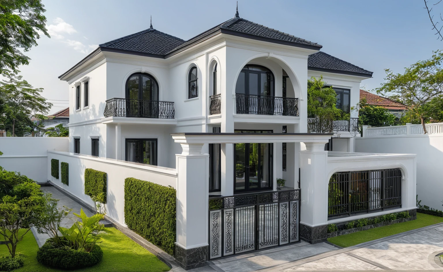 (masterpiece:1.2), best quality, photo of A two-story modern house in VietNam with white walls and dark tiles on the roof., tree and plant environment,black detail and (wooden ceiling:1.2), daylight, streetcapes, natural light, vivid color, The exterior of an elegant single family home features large windows, a dark gray door frame.