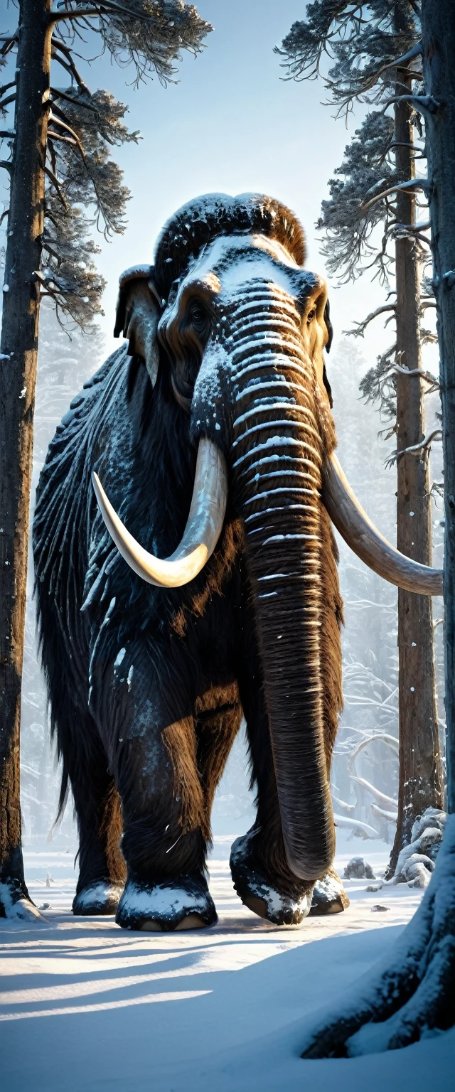 A majestic wooly mammoth standing tall in the center of a snowy tundra forest, its fur a stark contrast to the bleak surroundings. The creature is adorned with intricate, hyper-realistic armor that seems to be an organic extension of its own body, crafted from the very bones and sinews of its ancestors. The armor is a masterpiece of ancient craftsmanship, with detailed carvings and etchings that tell the epic saga of its kind's survival in the harsh prehistoric landscape. The mammoth's pose is dynamic and powerful, one foot raised in a defiant stance as it trumpets a call that echoes through the desolate woods. The cinematic composition of the scene is enhanced by dramatic lighting that pierces through the dense canopy of snow-laden trees, casting deep shadows and highlighting the mammoth's mighty form. The moody color palette of the scene is a blend of icy blues and stark whites, with warm, amber tones emanating from the mammoth's fur and armor, creating a stark contrast that draws the viewer's eye to the creature. Each snowflake is rendered with photorealistic precision, catching the light and giving the scene a frosty, ethereal glow. The mood is intense and otherworldly, with a sense of impending battle or a moment of triumph frozen in time. This stunningly lifelike depiction is a testament to the artist's mastery of their craft, transporting the viewer back to a bygone era in a way that feels both eerily realistic and hauntingly beautiful. The dramatic use of light and shadow adds a cinematic quality to the image, making it appear as though it could be a still from an epic film or a high-definition photograph captured by a time-traveling photographer. Every intricate detail, from the individual strands of fur to the ice crystals clinging to the trees, is rendered with such precision that it's easy to forget this is a work of art rather than a window into the past.