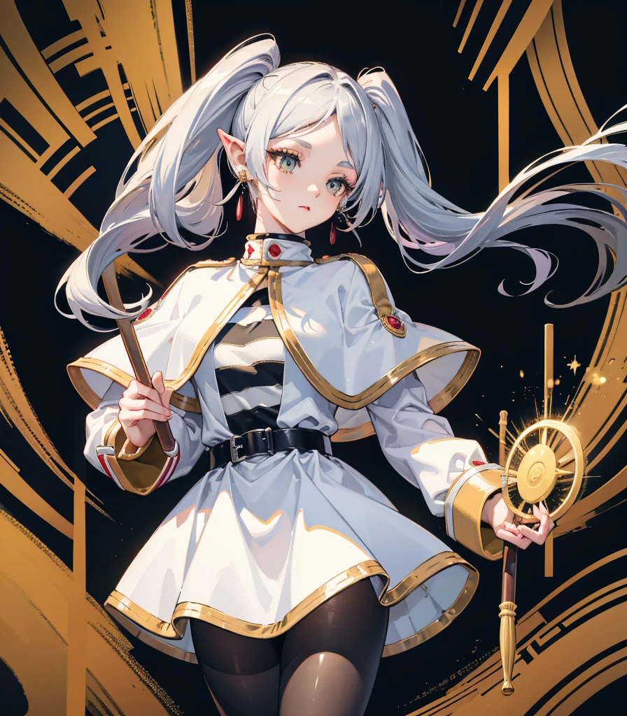 ((Highest quality)), ((masterpiece)), (detailed), Long Hair, Gray Hair, Twin tails, Pointed Ears, Earrings, Thick eyebrows, White capelet, Striped shirt, Long sleeve, belt, White Skirt, Black Pantyhose High resolution Holding a walking stick magic circle Shining Background,freeze,Upper Body