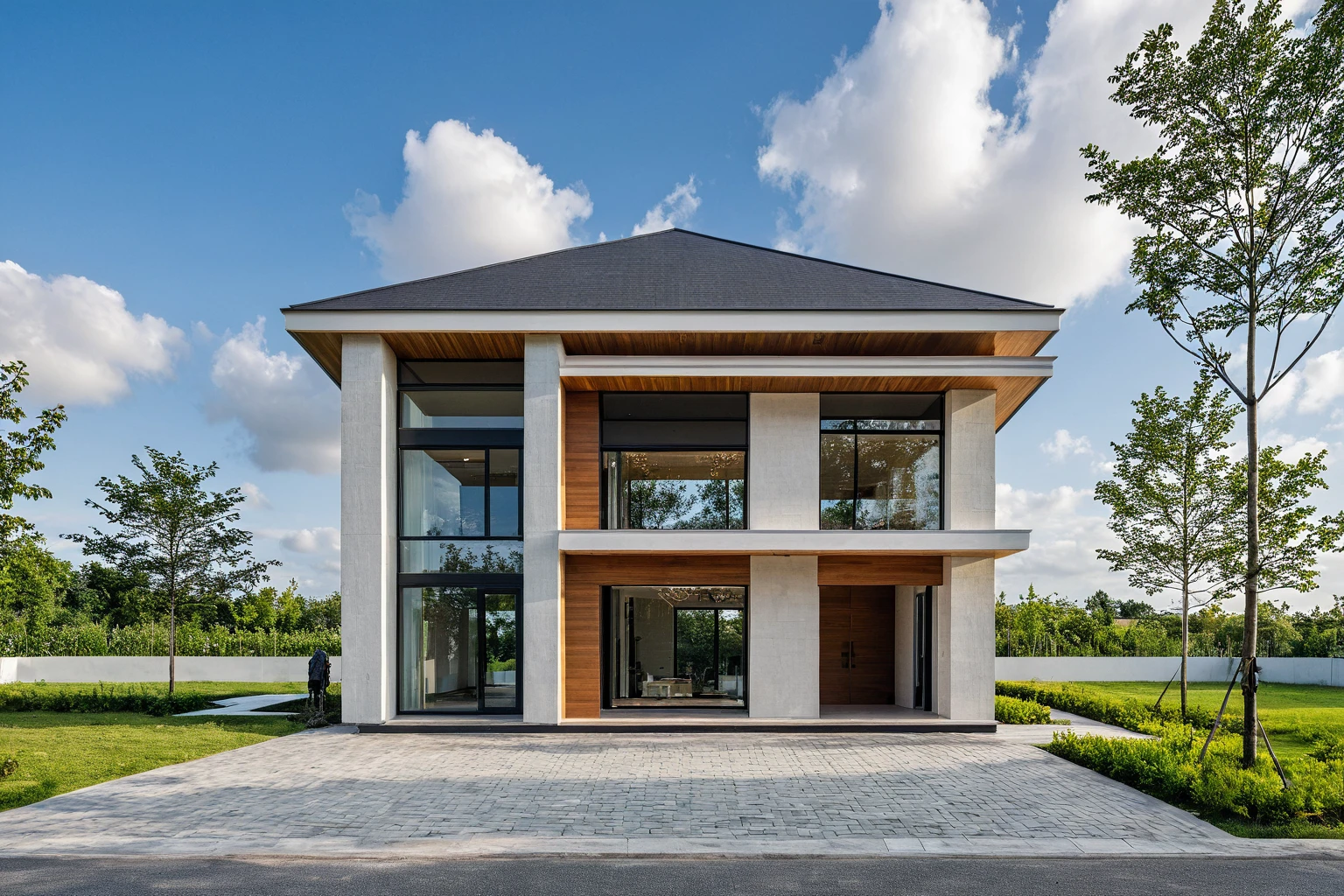 Masterpiece, high quality, best quality, authentic, super detail, outdoors, onestoreyvillaXL, aiaigroup, house style modern on the street ,stairs, white wall ,road,pavement, grass, trees, sky, cloud, (daylight:1.1)
