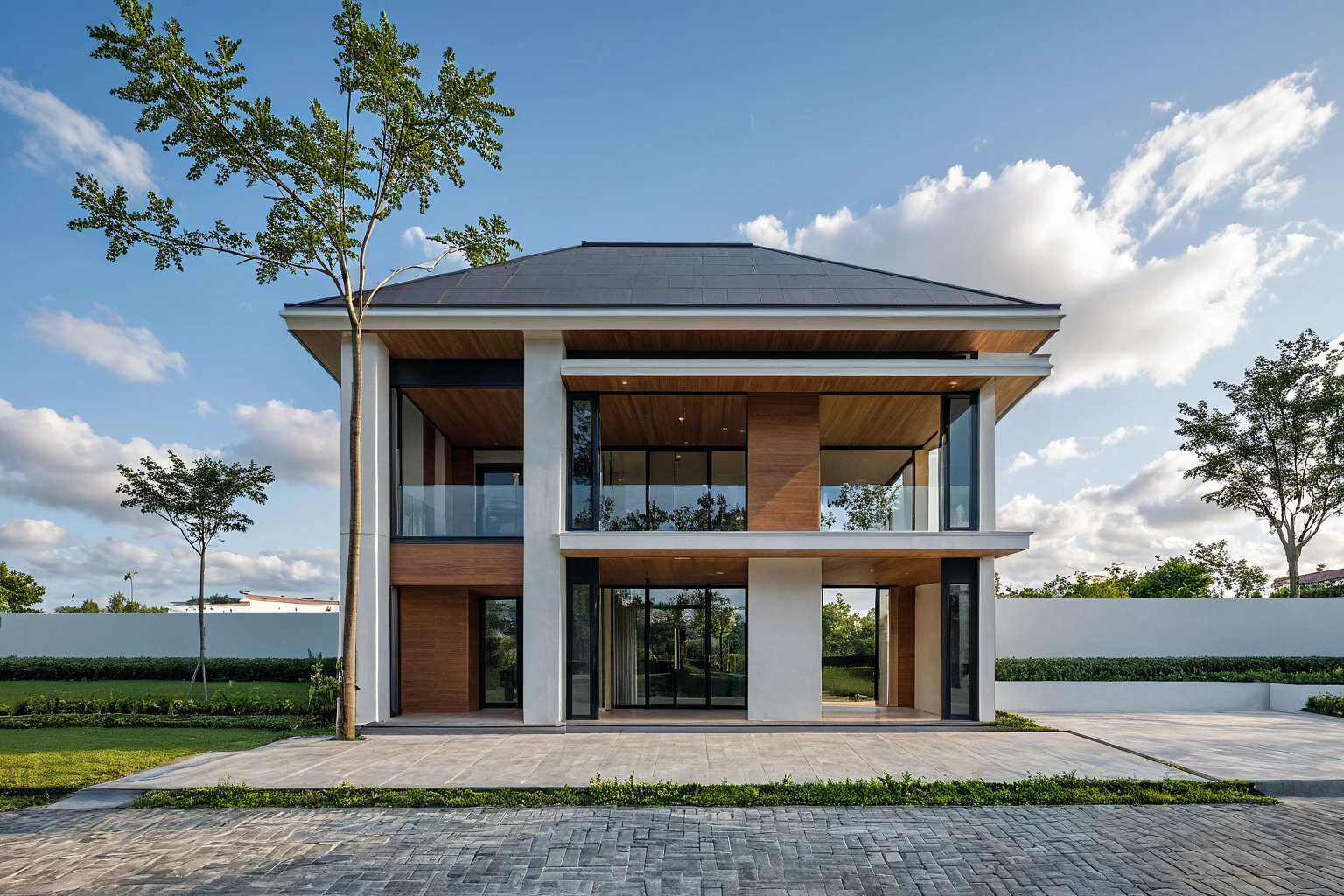 Masterpiece, high quality, best quality, authentic, super detail, outdoors, onestoreyvillaXL, aiaigroup, house style modern on the street ,stairs, white wall ,road,pavement, grass, trees, sky, cloud, (daylight:1.1)
