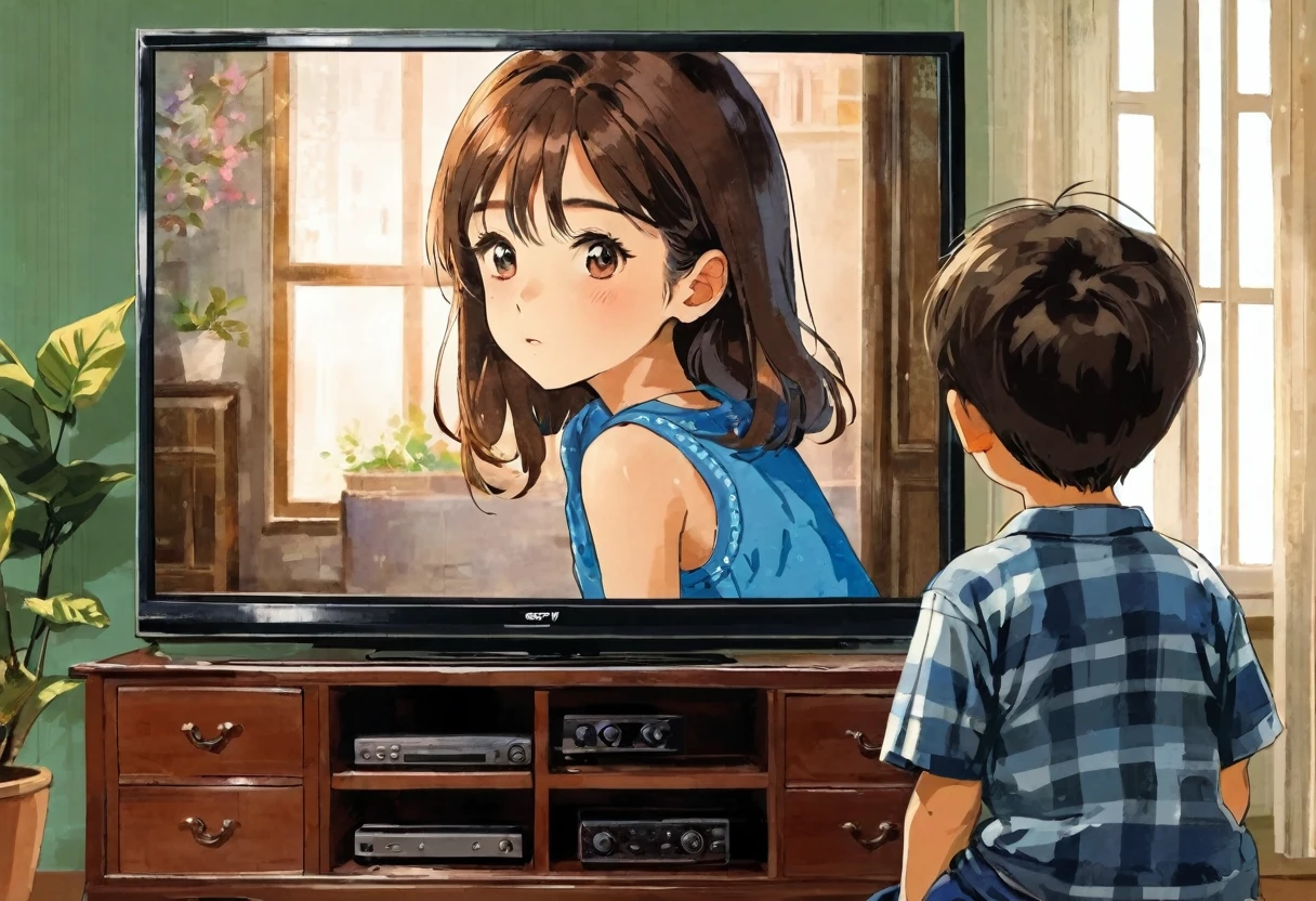 A boy watching a beautiful girl on TV