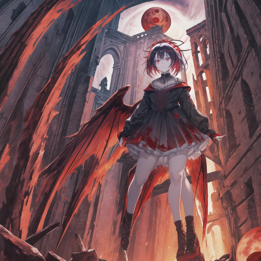 Masterpiece, top quality, bright colors, one girl, white hair, black hair, magenta hair, red eyes, glowing eyes, dark atmosphere, black wings, black halo, fallen angel, from below, descending from heaven, gothic clothes, looking down , Blood, ((Blood Moon, Red Moon))), Purple Aura, Divine Advent, Fire, Cinematic Lighting, Glowing Aura Lighting, Full Body, Spectacular Background, starrystarscloudcolorful