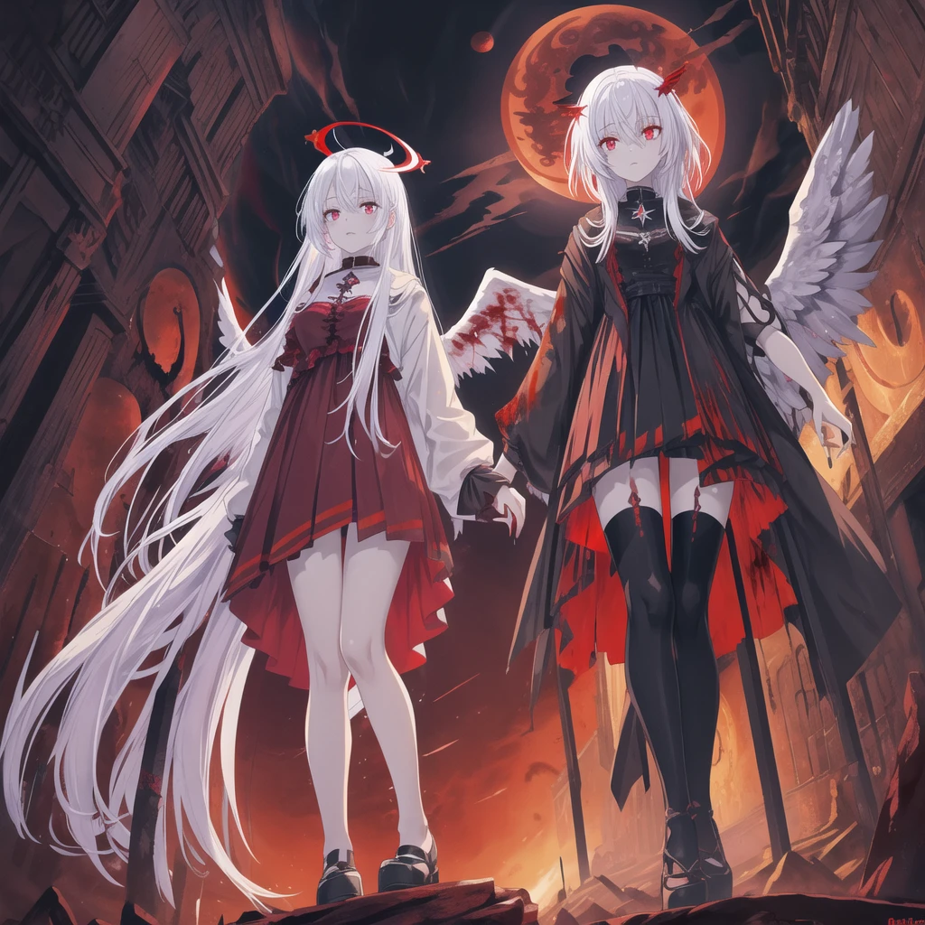 Masterpiece, top quality, bright colors, one girl, white hair, black hair, magenta hair, red eyes, glowing eyes, dark atmosphere, black wings, black halo, fallen angel, from below, descending from heaven, gothic clothes, looking down , Blood, ((Blood Moon, Red Moon))), Purple Aura, Divine Advent, Fire, Cinematic Lighting, Glowing Aura Lighting, Full Body, Spectacular Background, starrystarscloudcolorful