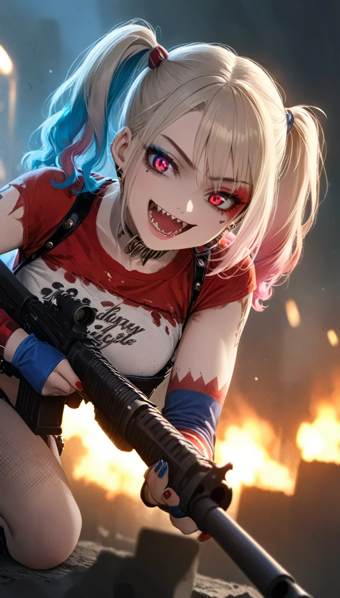 HarleyQuinn1024,quality\(8k,wallpaper of extremely detailed CG unit, ​masterpiece,hight resolution,top-quality,top-quality real texture skin,hyper realisitic,increase the resolution,RAW photos,best qualtiy,highly detailed,the wallpaper,cinematic lighting,ray trace,golden ratio\), BREAK ,1girl\(HarleyQuinn\(Suicide Squad\),(swinging sniperrifle\(M16 Rifle series\)),(big smile:1.4),open mouth,sharp teeth, (long tongue:0.5), happy,evil smile, detailed eyes, two_tone hair,(wearing makeup:1.4),twin tails,breast,ripped clothes,open stomach,muscle,cute,crazy,mad,looking down at viewer\), BREAK ,background\(big explosion on back,simple,collapsed city, debris\),dynamic angle,high contrast,dynamic pose,dynamic action, full body