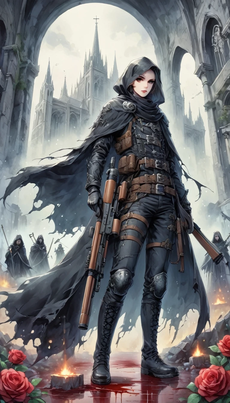(Messenger from hell:1.4),Grim sniper holding a huge sniper rifle,Viewpoint from below,hell,magma,flame,(紫色flame:1.3),There is fresh Blood on the ground,Blood pool,dripping Blood,Gothic aesthetics,one、Rose、castle、cross、Blood、Cemetery, ETC...,这些元素体现了Gothic style的神秘感、solemn、Deep Functionality。Gothic style,Gothic style,about,cloak、象征浪漫的Rose、grave、Reaper、ruins、Gothic Cathedral, ETC.,Common elements of Gothic symbols。