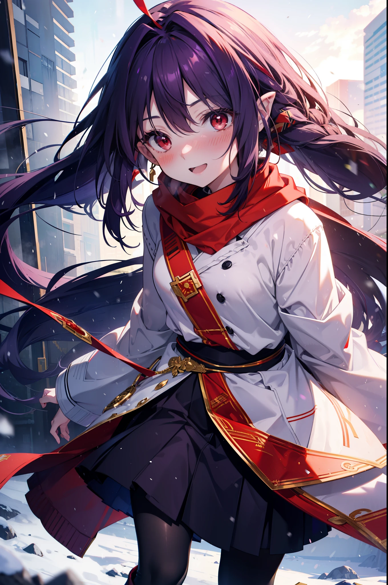 yuukikonno, Yuki Konno, hair band, Long Hair, Pointed Ears, Purple Hair,Ahoge, (Red eyes:1.5), (Small breasts:1.2),blush, smile,Open your mouth,white breath,Tokkuri Sweater,Red Scarf,Purple long coat,Long skirt,Black Pantyhose,short boots,Snow is piling up,it's snowing,whole bodyがイラスト入るように,Walking,evening,sunset,
break outdoors, construction area,
break looking at viewer, whole body,
break (masterpiece:1.2), Highest quality, High resolution, unity 8k wallpaper, (shape:0.8), (Beautiful attention to detail:1.6), Highly detailed face, Perfect lighting, Extremely detailed CG, (Perfect hands, Perfect Anatomy),