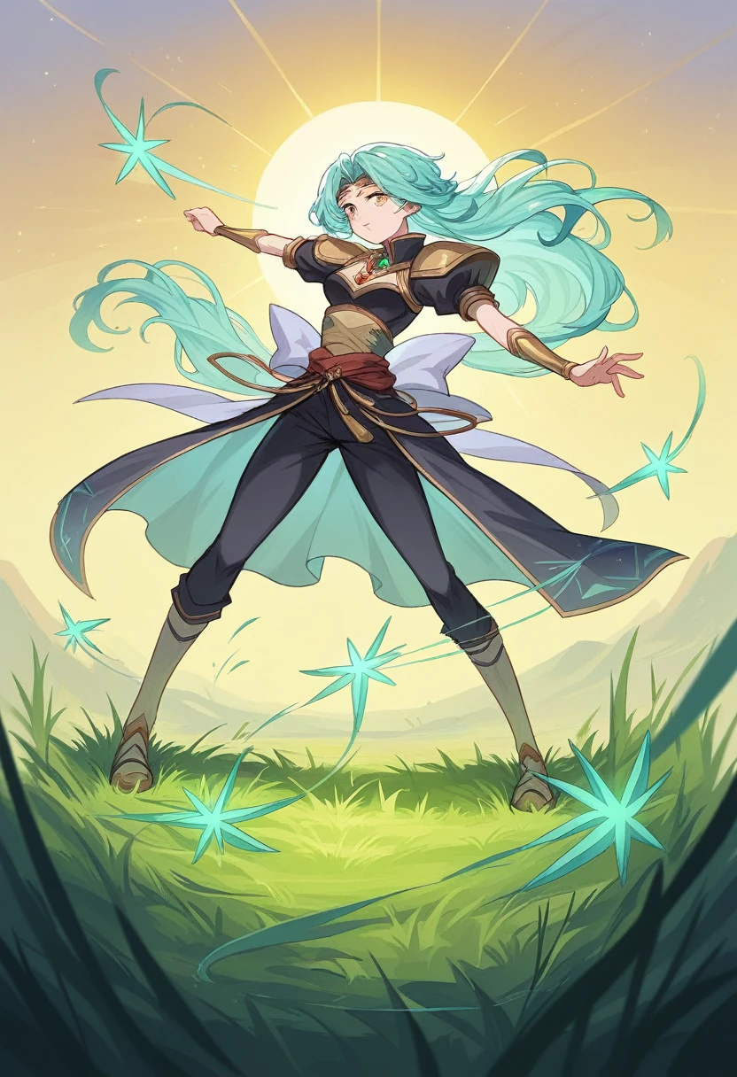 The fantasy grass swayed gently in the wind, its long, slender blades shimmering with an otherworldly iridescence. Each blade, a vibrant hue of emerald green, was interlaced with threads of gold and silver, catching the sunlight and creating a dazzling array of colors. The tips of the grass glowed faintly in the dark, reminiscent of bioluminescent seaweed, casting an ethereal glow over the landscape. Some blades bore tiny, star-shaped flowers in shades of violet and sapphire, adding to the grass's enchanting allure. The grass seemed to hum softly, emitting a soothing, melodic resonance that hinted at ancient magic and untold secrets hidden within its delicate stalks.