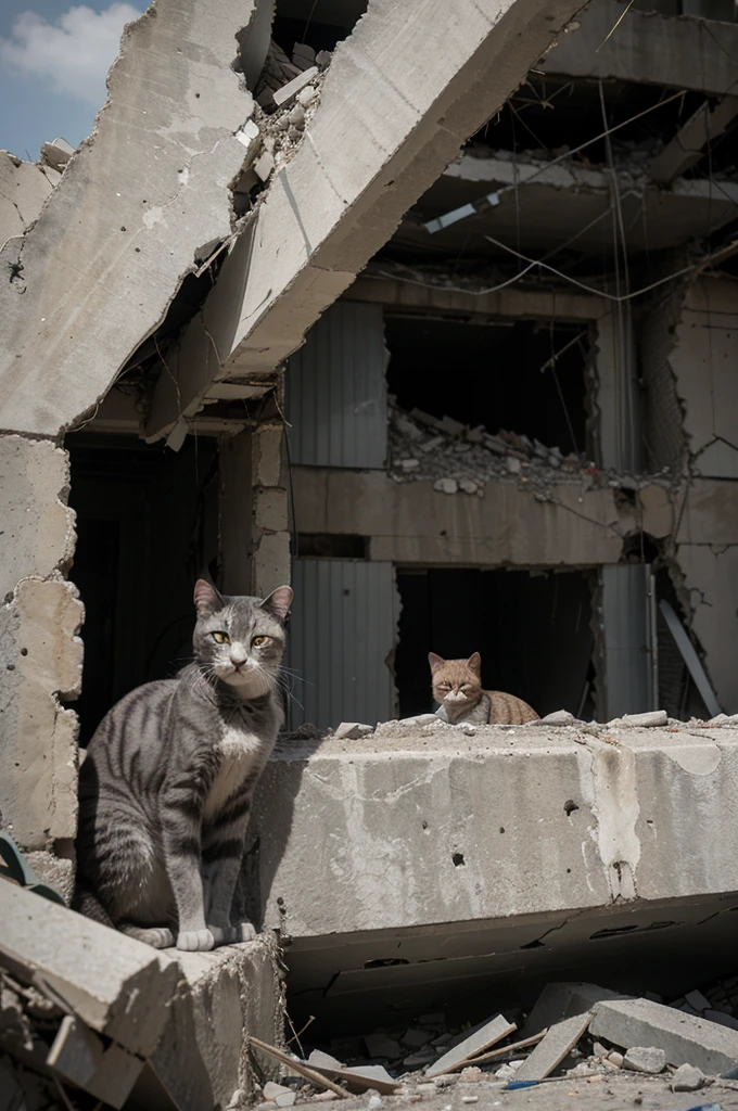 a gray cat, trapped among the rubble of a collapsed building. Her eyes were teary because she felt scared and lonely. Around him, concrete cracked and dust filled the air. The cat meowed weakly, looking for help. next to it is a Palestinian flag