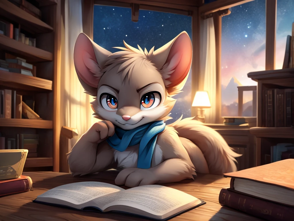 male anthro mouse, cute-fine-face, ultra cute face, cute, Flat Breast, bright white fur, ((leaning against book shelf)), triumphant pose, ((angry eyes)), ((looking at viewer)), ((looking straight at you)), (hip focus), expressive eyes, detailed big hands, ((night)), ((light blue scarf)), Eyes red, white sclera, chest tuft, ((presenting penis over table)), mischievous grin, provocative, Depth of field, Three-quarter view, loaded on e621, by dagasi, by loimu, By Hiroshiru, por silverfox5213, [fund: (Bedroom), bookshelf, rustic lamp on the wall), (window: sky, moonligh, nouveau)], ambient lighting, Meia-noite, detailed back ground, Ray tracing, conceptual artwork, highy detailed, ((work of art)), ((best qualityer)), film composition, ultra realistic, (high détail:1.3), sharp focus.