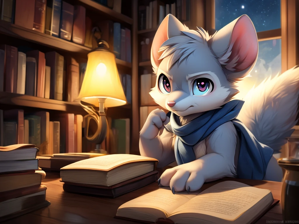 male anthro mouse, cute-fine-face, ultra cute face, cute, Flat Breast, bright white fur, ((leaning against book shelf)), triumphant pose, ((angry eyes)), ((looking at viewer)), ((looking straight at you)), (hip focus), expressive eyes, detailed big hands, ((night)), ((light blue scarf)), Eyes red, white sclera, chest tuft, ((presenting penis over table)), mischievous grin, provocative, Depth of field, Three-quarter view, loaded on e621, by dagasi, by loimu, By Hiroshiru, por silverfox5213, [fund: (Bedroom), bookshelf, rustic lamp on the wall), (window: sky, moonligh, nouveau)], ambient lighting, Meia-noite, detailed back ground, Ray tracing, conceptual artwork, highy detailed, ((work of art)), ((best qualityer)), film composition, ultra realistic, (high détail:1.3), sharp focus.