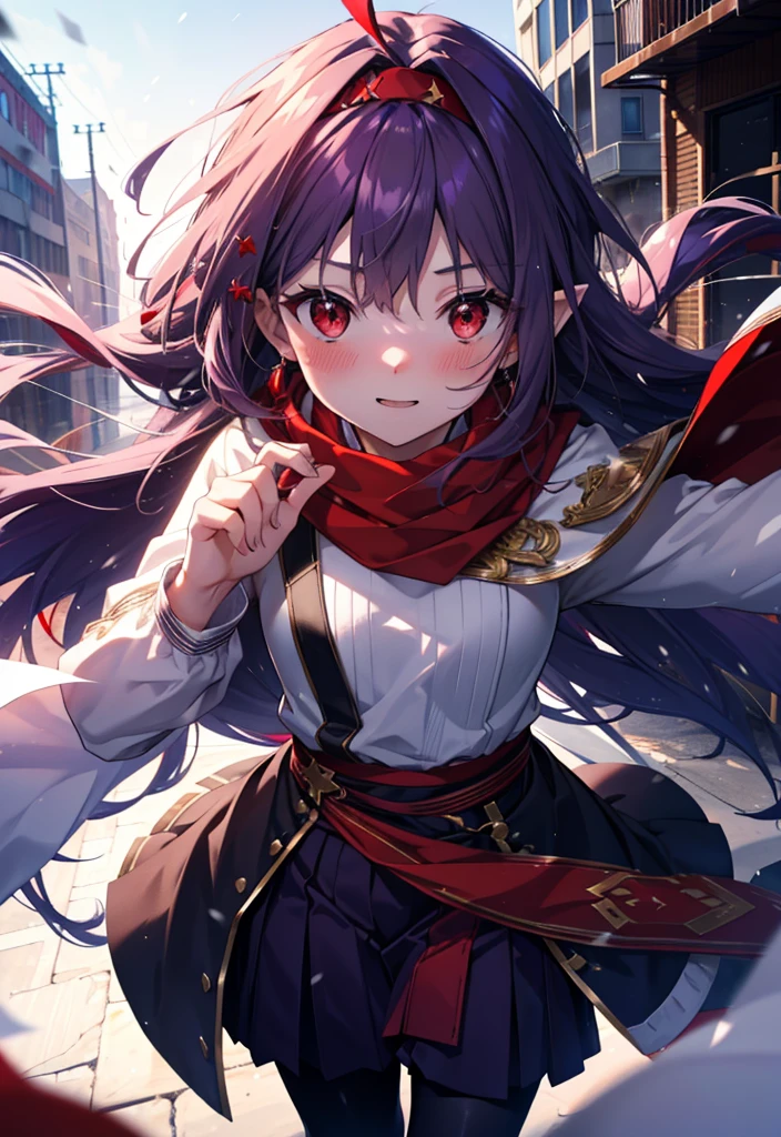 yuukikonno, Yuki Konno, hair band, Long Hair, Pointed Ears, Purple Hair,Ahoge, (Red eyes:1.5), (Small breasts:1.2),blush, smile,Open your mouth,white breath,Tokkuri Sweater,Red Scarf,Purple long coat,Long skirt,Black Pantyhose,short boots,Snow is piling up,it&#39;s snowing,whole bodyがイラスト入るように,Walking,evening,sunset,
break outdoors, construction area,
break looking at viewer, whole body,
break (masterpiece:1.2), Highest quality, High resolution, unity 8k wallpaper, (shape:0.8), (Beautiful attention to detail:1.6), Highly detailed face, Perfect lighting, Extremely detailed CG, (Perfect hands, Perfect Anatomy),