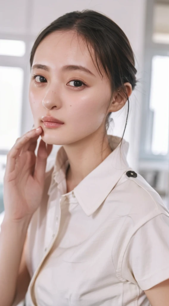 (32k、High resolution、Natural light color gradation、Realistic lighting、Soft Light:1.0、Ray Tracing Technology:1.22、Backlight、Fine shading、Three-dimensional effect of the face、Film Grain Effect:1.1、Fine details、natural、Delicate light and shadow、Sharp details、Highest quality realistic textures:1.22、Smooth, glowing skin、Delicately expressing pores and fine hairs:1.33)、A natural pale pink complexion on the cheeks、Black straight hair、Shoulder length、Bangs reach the eyebrows、Each and every hair is drawn in detail、Has a natural shine、Shines where light hits、Big brown eyes、The iris pattern is depicted in detail.、The pupil is clearly visible in the center、The light from the window reflects in your eyes、The reflection of light gives the eyes a little sparkle、Thin blood vessels are visible in the whites of the eyes around the pupils.、Adding Realism、Each long eyelash is carefully drawn.、Naturally shaped eyebrows、The flow of hair is clearly visible、With a bright smile、I can see my pure white teeth、Lips are naturally pink、Realistic expression of texture and gloss、There is a slight shadow on the edge of the lips、It has a three-dimensional effect、Subtle light reflections are drawn on the surface of the teeth.、Gums are a healthy pink color、Smooth jaw and beautiful face line、There is a slight shadow under the chin、The boundary with the neck is drawn naturally.、The fine muscle lines are visible on the neck.、Healthy impression、White blouse and navy blue sailor suit、The uniform has a neatly tied red ribbon on the collar.、The texture and wrinkles of the clothing fabric are depicted in detail