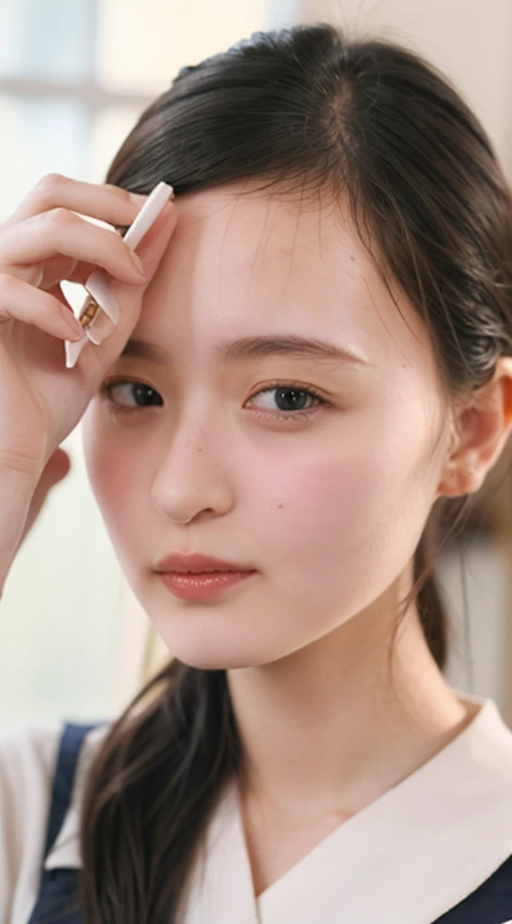 (32k、High resolution、Natural light color gradation、Realistic lighting、Soft Light:1.0、Ray Tracing Technology:1.22、Backlight、Fine shading、Three-dimensional effect of the face、Film Grain Effect:1.1、Fine details、natural、Delicate light and shadow、Sharp details、Highest quality realistic textures:1.22、Smooth, glowing skin、Delicately expressing pores and fine hairs:1.33)、A natural pale pink complexion on the cheeks、Black straight hair、Shoulder length、Bangs reach the eyebrows、Each and every hair is drawn in detail、Has a natural shine、Shines where light hits、Big brown eyes、The iris pattern is depicted in detail.、The pupil is clearly visible in the center、The light from the window reflects in your eyes、The reflection of light gives the eyes a little sparkle、Thin blood vessels are visible in the whites of the eyes around the pupils.、Adding Realism、Each long eyelash is carefully drawn.、Naturally shaped eyebrows、The flow of hair is clearly visible、With a bright smile、I can see my pure white teeth、Lips are naturally pink、Realistic expression of texture and gloss、There is a slight shadow on the edge of the lips、It has a three-dimensional effect、Subtle light reflections are drawn on the surface of the teeth.、Gums are a healthy pink color、Smooth jaw and beautiful face line、There is a slight shadow under the chin、The boundary with the neck is drawn naturally.、The fine muscle lines are visible on the neck.、Healthy impression、White blouse and navy blue sailor suit、The uniform has a neatly tied red ribbon on the collar.、The texture and wrinkles of the clothing fabric are depicted in detail
