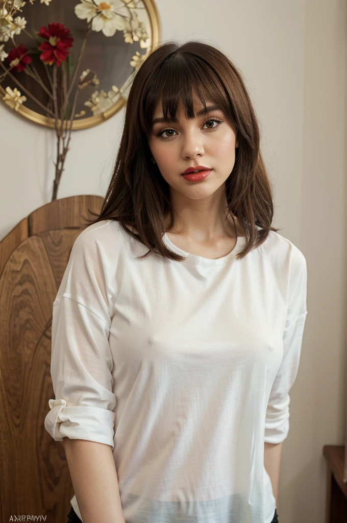 painting of a woman with bangs in a white shirt , red lips do make up a lipsteak, inspired by Michael Garmash, michael garmash and rob rey, michael garmash and, by Michael Garmash, alexi zaitsev, garmash, dmitry spiros, inspired by Ilya Yefimovich Repin, inspired by Konstantin Makovsky, bernie fuchs