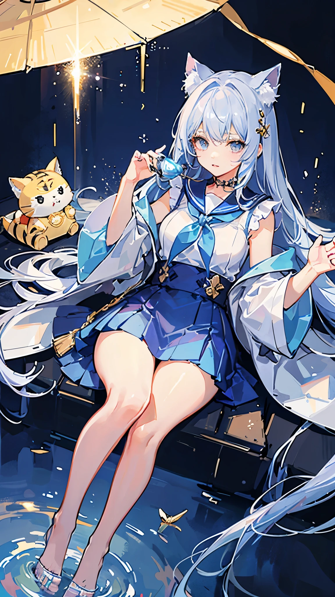 There are lots of animal cats、The girl is playing with the cat、Crystal clear light blue hair、Her hair is gradated and white from the hairline to the middle.、Hair length is up to the knees、A shiny, light blue sailor suit、The hair ornament is glittering gold.、Silver hair ornament、She has big breasts、Adult face、
