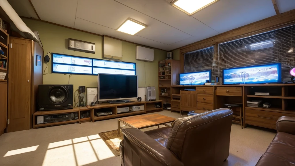 ((Highest quality)), ((masterpiece)), (detailed), The only light is from the TV　A pile of old cathode ray tube televisions　Composition looking up from below　There are no chairs, desks or other furniture.　front