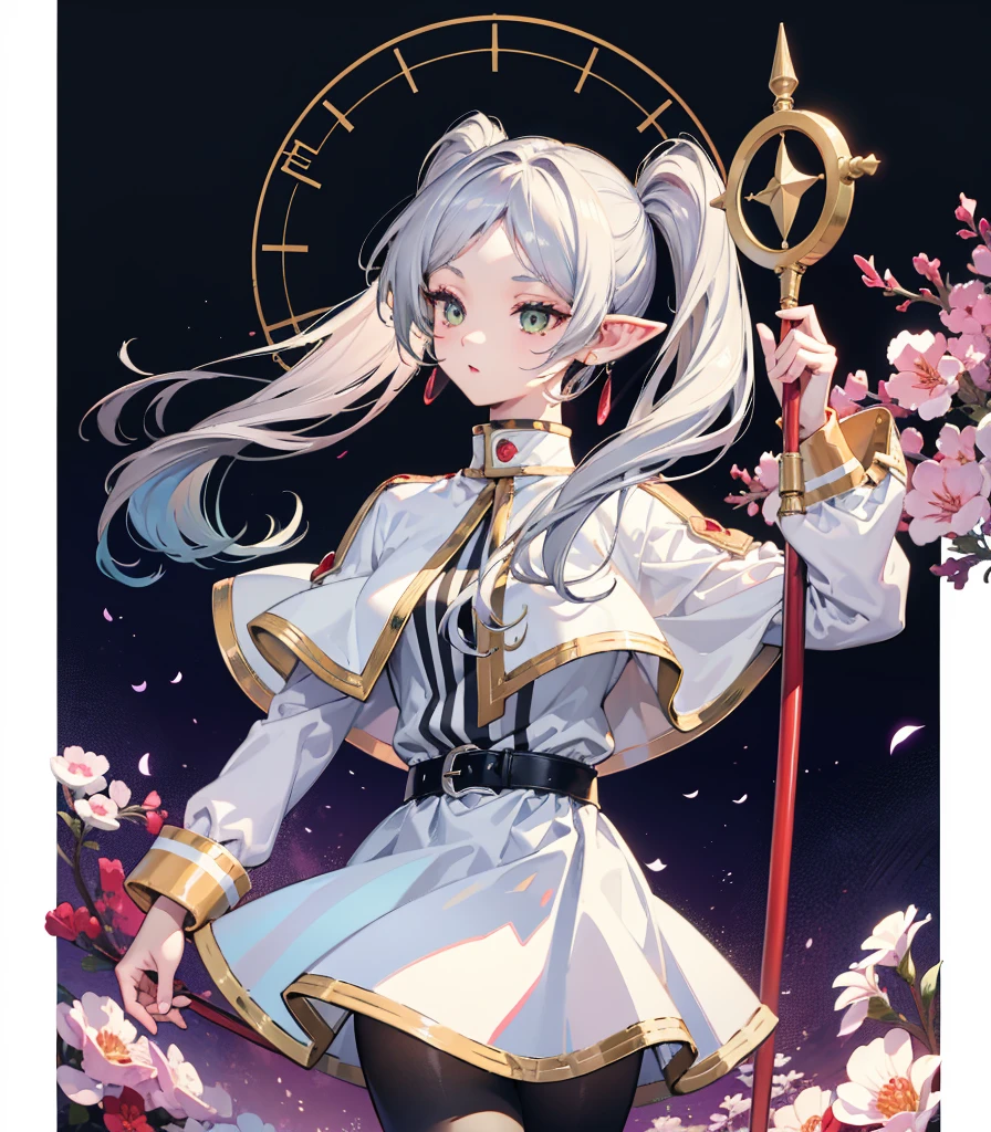 ((Highest quality)), ((masterpiece)), (detailed), Long Hair, Gray Hair, Twin tails, Pointed Ears, Earrings, Thick eyebrows, White capelet, Striped shirt, Long sleeve, belt, White Skirt, Black Pantyhose　High resolution　Holding a walking stick　magic circle　,freeze,Upper Body