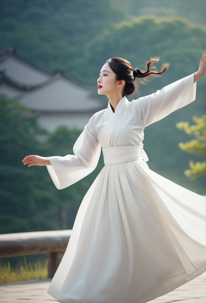 woman in intricate pure white hanbok dress, Flying on the air like a Chinese movie, in ancient china, professional fashion photography,UHD, 4k