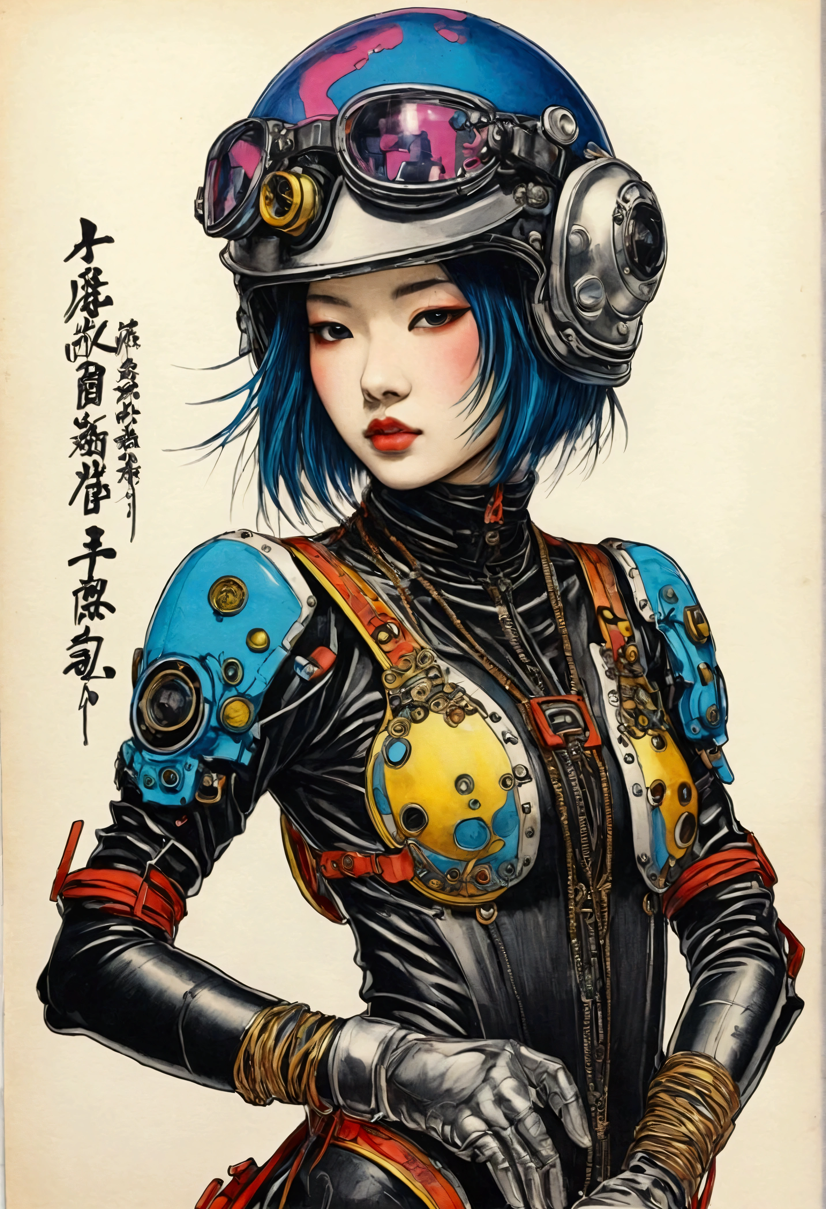 The Style of Kawanabe Kyosai、sketch、cyber punk、Girl、Helmet、Bodysuits、