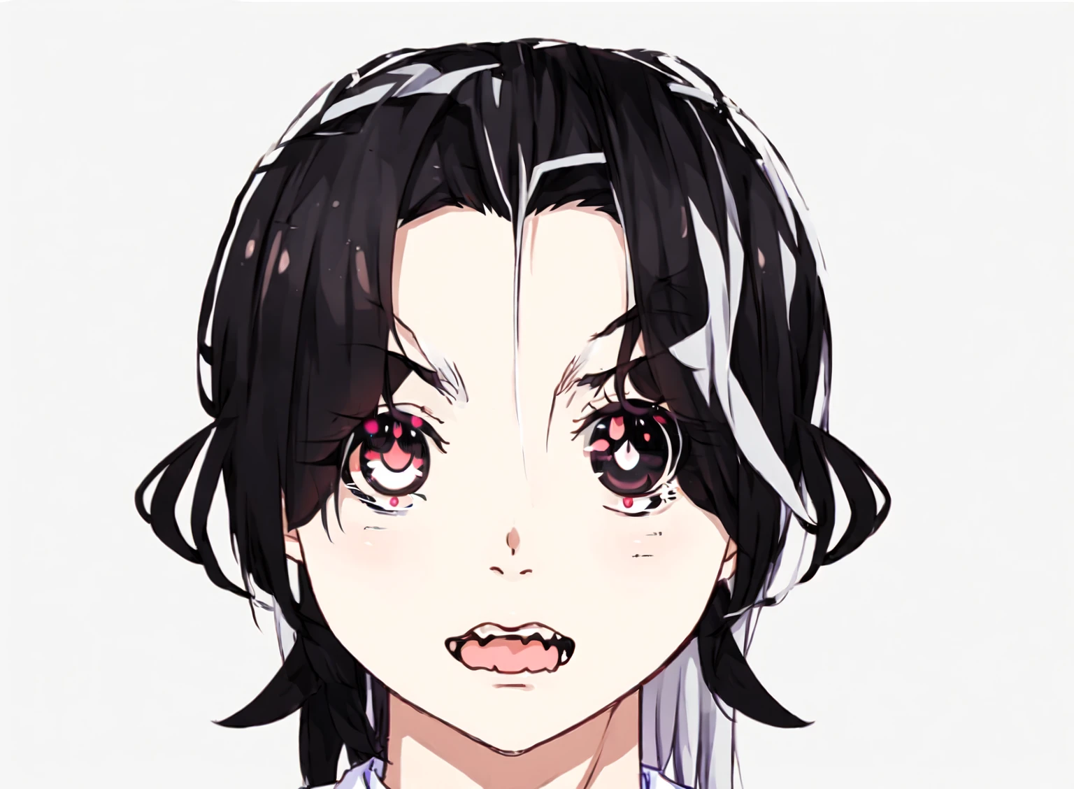 Chibi anime style illustration of a 25-year-old male character, front-facing portrait, inspired by Demon Slayer. He has black hair with a few white streaks, white spots on his skin, and heterochromatic eyes: the right eye is white and the left eye is black. The character should have the distinct chibi proportions and expressive features typical of Demon Slayer's chibi transformations, with only the head draw