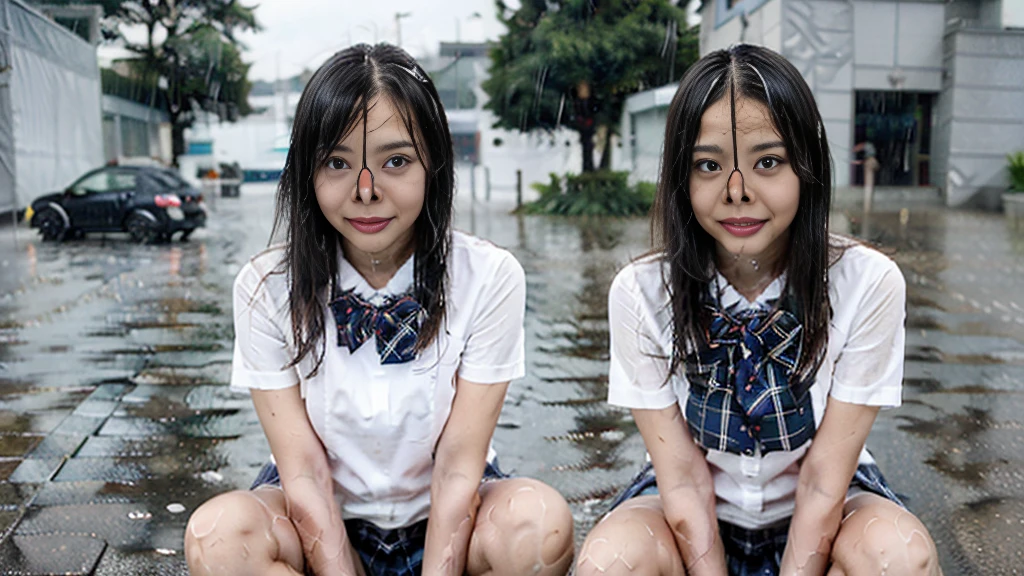 (highest quality、8k、High resolution、masterpiece:1.ung and beautiful woman、(Correct Anatomy)、(Spread your legs)、(Squat)、(Excited expression)、(White Shirt、A bow tie、Tartan check mini skirt、White panties:1.3)、(Heavy rain:1.7)、(Motion Blur Effect:1.55)、(Wet body:1.55)、Busy street at night、neon、(Looking at the camera)、mynatalee woma、cr1r3、ahud