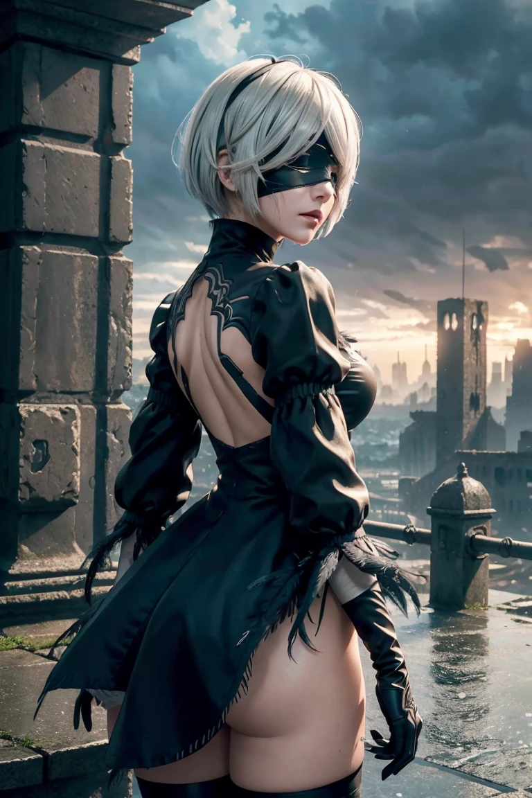 2B Nier Automata,Bobcut, Gray Hair,Long sleeve, Juliet Sleeve, White gloves, turtleneck, bangs, Feather ornament, Feather ornament sleeves, Blindfold, Black Goth Dress,Beautiful back view,Japanese Ultra HD,super high quality,masterpiece,Digital SLR,Photorealistic,Detailed details,Vivid details,Depicted in detail,A detailed face,Detailed details,Super Detail,Realistic skin texture,Anatomical basis,Perfect Anatomy,Anatomically correct hand,Anatomically correct fingers,Complex 3D rendering,Sexy pose,Rainy Sky,Beautiful scenery,Fantastic rainy sky,Fantasy worldview,Picturesque,Pink Lips,Black butterfly々Fluttering,A ruined world,A devastated battlefield,ruins,