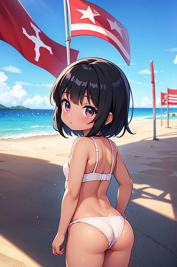6 year old girl sexy tanned skin, black hair, short hair, the flag,tiny thong, looking at the viewer, view from behind, big buttocks