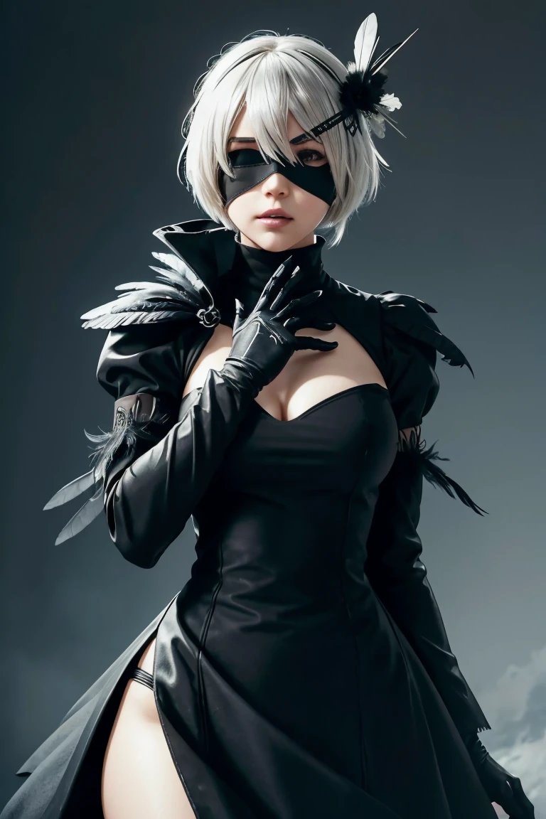 2B Nier Automata,Bobcut, Gray Hair,Long sleeve, Juliet Sleeve, White gloves, turtleneck, bangs, Feather ornament, Feather ornament sleeves, Blindfold, Black Goth Dress,Bird&#39;s-eye view,Japanese Ultra HD,super high quality,masterpiece,Digital SLR,Photorealistic,Detailed details,Vivid details,Depicted in detail,A detailed face,Detailed details,Super Detail,Realistic skin texture,Anatomical basis,Perfect Anatomy,Anatomically correct hand,Anatomically correct fingers,Complex 3D rendering,Sexy pose,Rainy Sky,Beautiful scenery,Fantastic rainy sky,Fantasy worldview,Picturesque,Pink Lips,Black butterfly々Fluttering,A ruined world,A devastated battlefield,ruins,