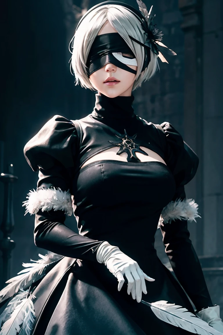 2B Nier Automata,Bobcut, Gray Hair,Long sleeve, Juliet Sleeve, White gloves, turtleneck, bangs, Feather ornament, Feather ornament sleeves, Blindfold, Black Goth Dress,Bird&#39;s-eye view,Japanese Ultra HD,super high quality,masterpiece,Digital SLR,Photorealistic,Detailed details,Vivid details,Depicted in detail,A detailed face,Detailed details,Super Detail,Realistic skin texture,Anatomical basis,Perfect Anatomy,Anatomically correct hand,Anatomically correct fingers,Complex 3D rendering,Sexy pose,Rainy Sky,Beautiful scenery,Fantastic rainy sky,Fantasy worldview,Picturesque,Pink Lips,Black butterfly々Fluttering,A ruined world,A devastated battlefield,ruins,