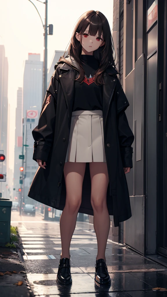 masterpiece,The best quality at its best、Lightless Eyes、Lightweight black coat、Leather shoes、Brown Hair、The bangs are long and reach the eyes、The back and sides of the hair should not cover the ears.、Red eyes、Eyes are thin、whole body、Standing posture、cargo pantale、rain