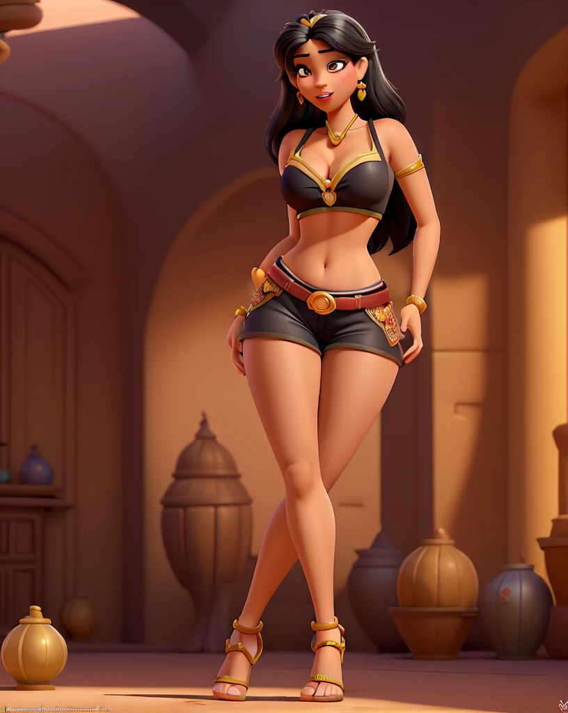 Cartoonized, Jasmine, Disney Princess, black hair, midriff top, solo, detailed, high quality, 4K, athletic figure, 34B breasts, sultry expression, exotic marketplace background with colorful fabrics, intricate architecture, and bustling crowds, warm colors, cleavage visible, nipples slightly visible.