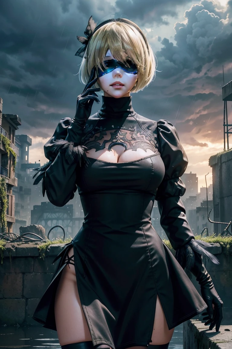 2B Nier Automata,Bobcut, Gray Hair,Long sleeve, Juliet Sleeve, White gloves, turtleneck, bangs, Feather ornament, Feather ornament sleeves, Blindfold, Black Goth Dress,Photograph the whole body,Japanese Ultra HD,super high quality,masterpiece,Digital SLR,Photorealistic,Detailed details,Vivid details,Depicted in detail,A detailed face,Detailed details,Super Detail,Realistic skin texture,Anatomical basis,Perfect Anatomy,Anatomically correct hand,Anatomically correct fingers,Complex 3D rendering,Sexy pose,Rainy Sky,Beautiful scenery,Fantastic rainy sky,Fantasy worldview,Picturesque,Pink Lips,Black butterfly々Fluttering,A ruined world,A devastated battlefield,ruins,
