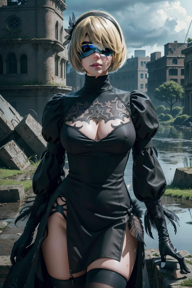 2B Nier Automata,Bobcut, Gray Hair,Long sleeve, Juliet Sleeve, White gloves, turtleneck, bangs, Feather ornament, Feather ornament sleeves, Blindfold, Black Goth Dress,Photograph the whole body,Japanese Ultra HD,super high quality,masterpiece,Digital SLR,Photorealistic,Detailed details,Vivid details,Depicted in detail,A detailed face,Detailed details,Super Detail,Realistic skin texture,Anatomical basis,Perfect Anatomy,Anatomically correct hand,Anatomically correct fingers,Complex 3D rendering,Sexy pose,Rainy Sky,Beautiful scenery,Fantastic rainy sky,Fantasy worldview,Picturesque,Pink Lips,Black butterfly々Fluttering,A ruined world,A devastated battlefield,ruins,