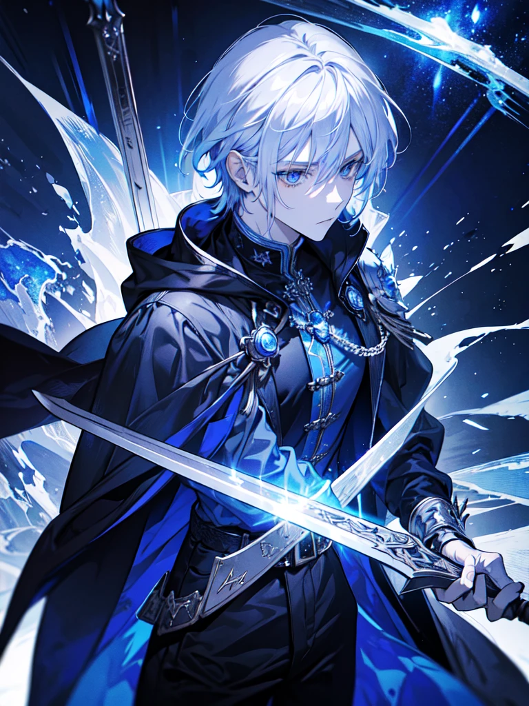 Wizard a young man, he has a silver hair and blue eyes, he wear a hood and wear gloves , hold sword with hand.