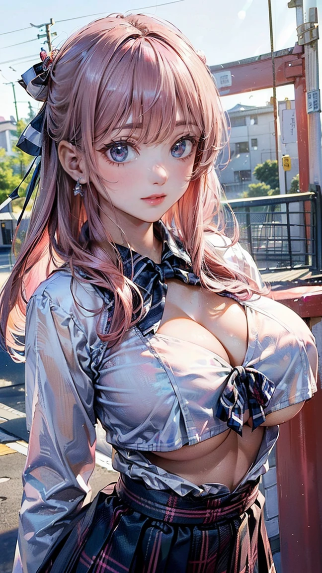 ((Highest quality, 8k, masterpiece :1.3)), (Sharp focus :1.2, Beautiful woman with perfect figure :1.4, Slim Abs :1.2), ((Big Breasts, Emphasize cleavage, The underboob is visible:1.3)), (Photorealistic:1.4), (realistic:1.4), (Pink Hair:1.5), Highly detailed face and skin texture, Fine grain, double eyelid. Makeup face, A little bit of lipstick, sex appeal, Sexy gravure pose, ((A Japanese high school girl wearing a white blouse and a navy checkered skirt。The background is in front of the school gate、Smiling in the refreshing morning light。Accessories are simple ribbons。:1.3)