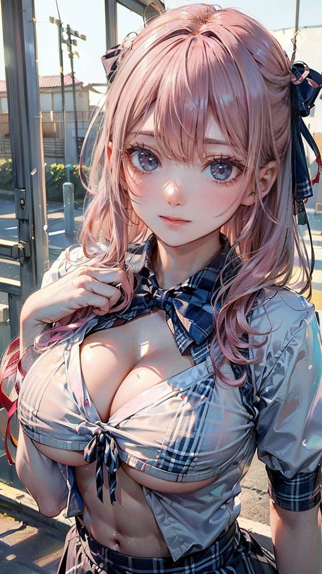 ((Highest quality, 8k, masterpiece :1.3)), (Sharp focus :1.2, Beautiful woman with perfect figure :1.4, Slim Abs :1.2), ((Big Breasts, Emphasize cleavage, The underboob is visible:1.3)), (Photorealistic:1.4), (realistic:1.4), (Pink Hair:1.5), Highly detailed face and skin texture, Fine grain, double eyelid. Makeup face, A little bit of lipstick, sex appeal, Sexy gravure pose, ((A Japanese high school girl wearing a white blouse and a navy checkered skirt。The background is in front of the school gate、Smiling in the refreshing morning light。Accessories are simple ribbons。:1.3)
