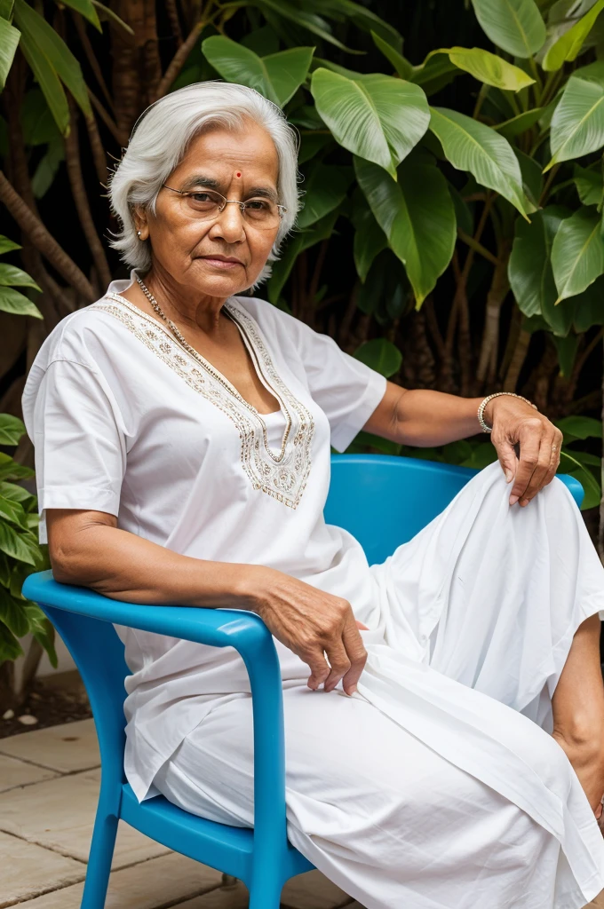 Generate image of Old person sitting on plastic chair looking left side wear white indian shirt with short sleeve