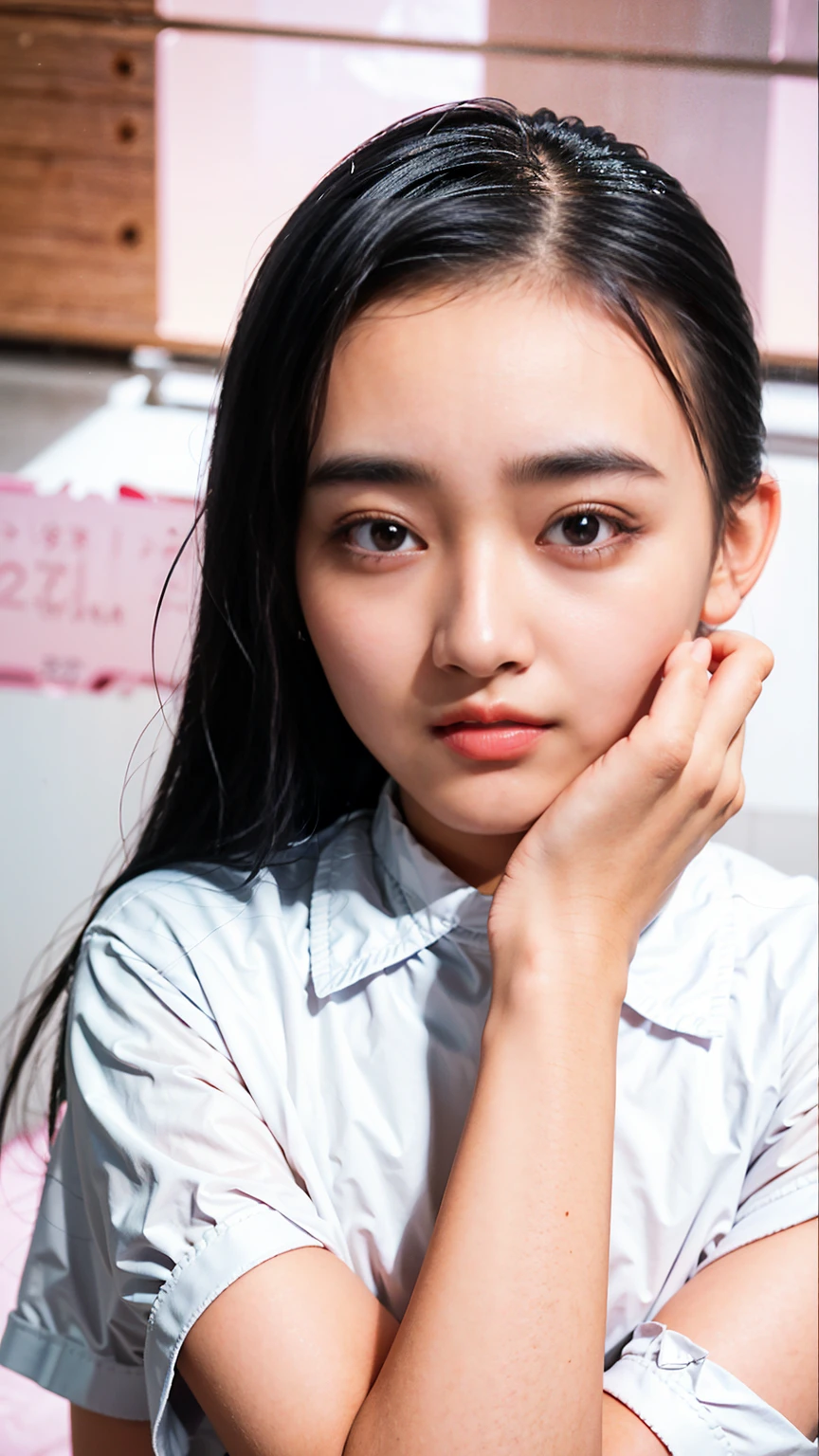(masterpiece:1.33、32k、High resolution、Natural light color gradation、Realistic lighting、Soft Light:1.0、Ray Tracing Technology:1.22、Backlight、Fine shading、Three-dimensional effect of the face、Film Grain Effect:1.1、Fine details、natural、Delicate light and shadow、Sharp details、Highest quality realistic textures:1.22、Smooth, glowing skin、Delicately expressing pores and fine hairs:1.33)、A natural pale pink complexion on the cheeks、Black straight hair、Shoulder length、Bangs reach the eyebrows、Each and every hair is drawn in detail、Has a natural shine、Shines where light hits、Big brown eyes、The iris pattern is depicted in detail.、The pupil is clearly visible in the center、The light from the window reflects in your eyes、The reflection of light gives the eyes a little sparkle、Thin blood vessels are visible in the whites of the eyes around the pupils.、Adding Realism、Each long eyelash is carefully drawn.、Naturally shaped eyebrows、The flow of hair is clearly visible、With a bright smile、I can see my pure white teeth、Lips are naturally pink、Realistic expression of texture and gloss、There is a slight shadow on the edge of the lips、It has a three-dimensional effect、Subtle light reflections are drawn on the surface of the teeth.、Gums are a healthy pink color、Smooth jaw and beautiful face line、There is a slight shadow under the chin、The boundary with the neck is drawn naturally.、The fine muscle lines are visible on the neck.、Healthy impression、White blouse and navy blue sailor suit、The uniform has a neatly tied red ribbon on the collar.、The texture and wrinkles of the clothing fibers are depicted in detail. Gorgeous lipstick, lipsicle pink