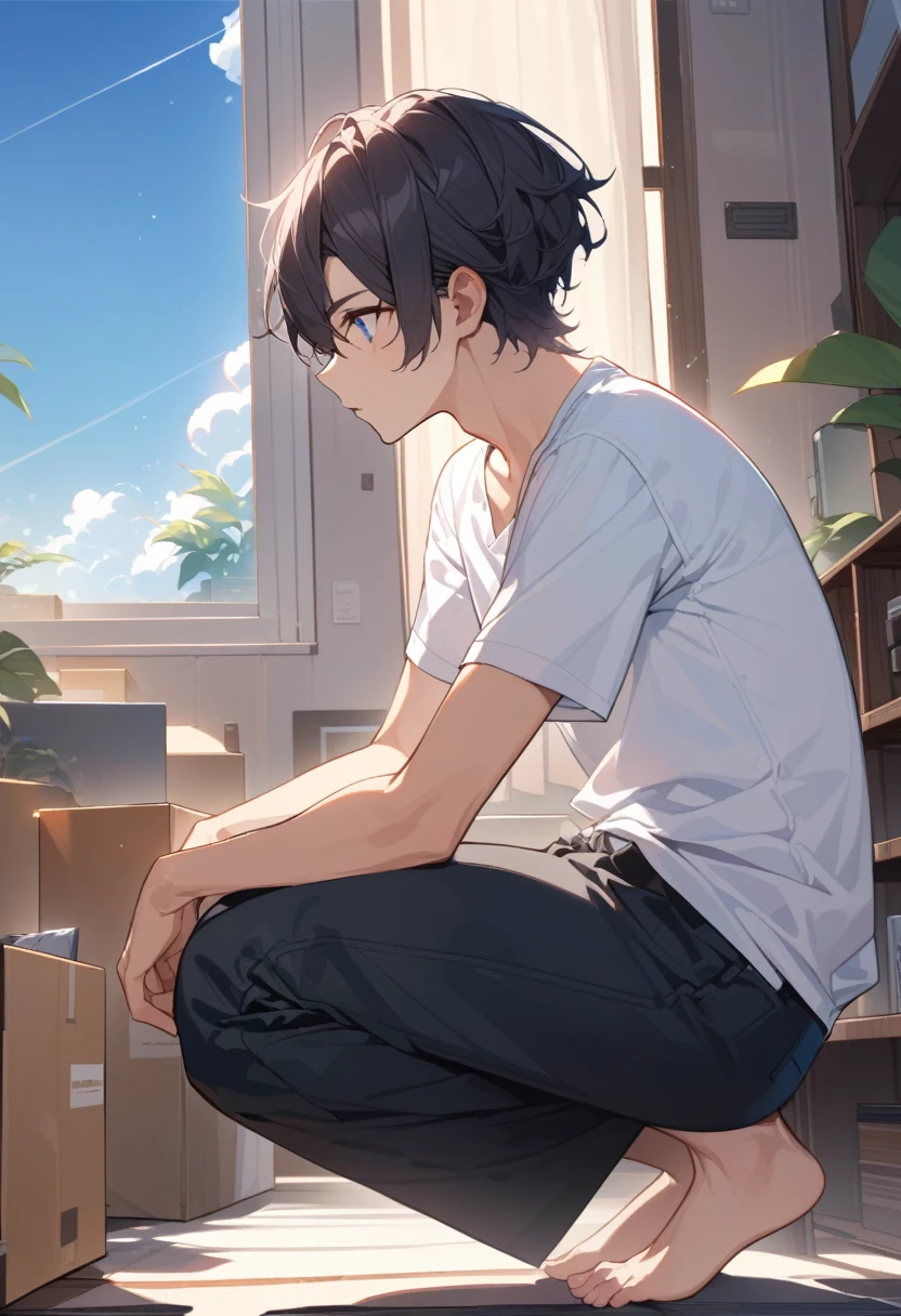 masterpiece, best quality, extremely detailed, ultra detailed, flat anime, 2D,
((1boy)),black hair, (short hair:1.5),blue eyes, height 1.7meters,  (circle eyes:1.2),  (young adult:1.2), Ear-length sideburns,
long Sleeves, White T-shirt, barefoot, ((short sleeves)), ((long pants)),
squatting, looking away, expressionless,open mouth, full body,from side,
summer, 12AM, livingroom,organizing the boxes., I'm looking at the material in my hand.