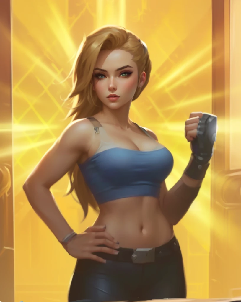 a close up of a woman in a blue top and black pants, senna from league of legends, jaina proudmoore, brigitte, brigitte from overwatch, kda, sigma female, cutesexyrobutts, lovely brigitte from overwatch, portrait of tifa lockhart, sfw version, portrait of chun - li, iconic character splash art, style artgerm