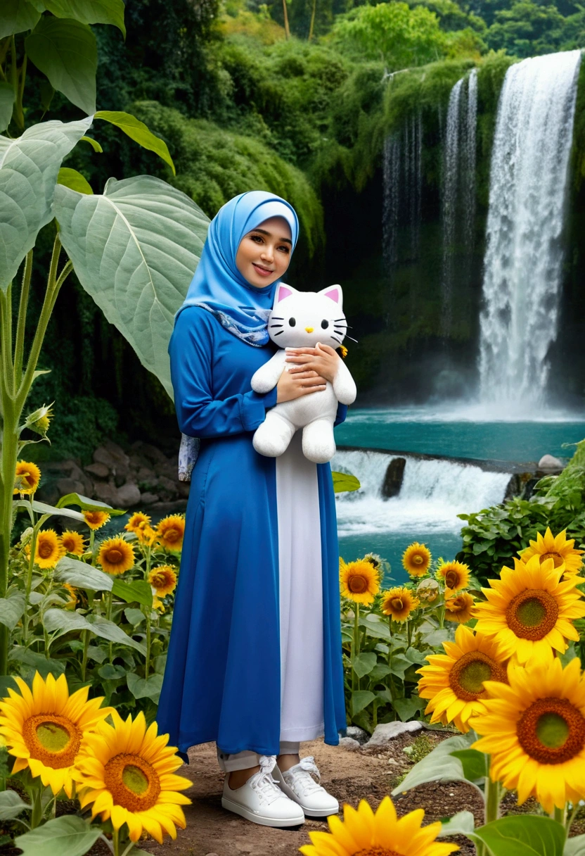 a beautiful Indonesia woman wearing a hijab, long blue Muslim clothing with a picture of a helo kitty cartoon, white shoes and white gloves, hugging a very cute helo kitty cartoon with a very beautiful sunflower garden background 🌻🌻 behind which there is a waterfall